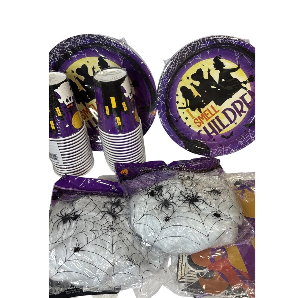 Hocus Pocus Halloween Party Supplies Bundle Plates Cups‎ Spider Web Decorations